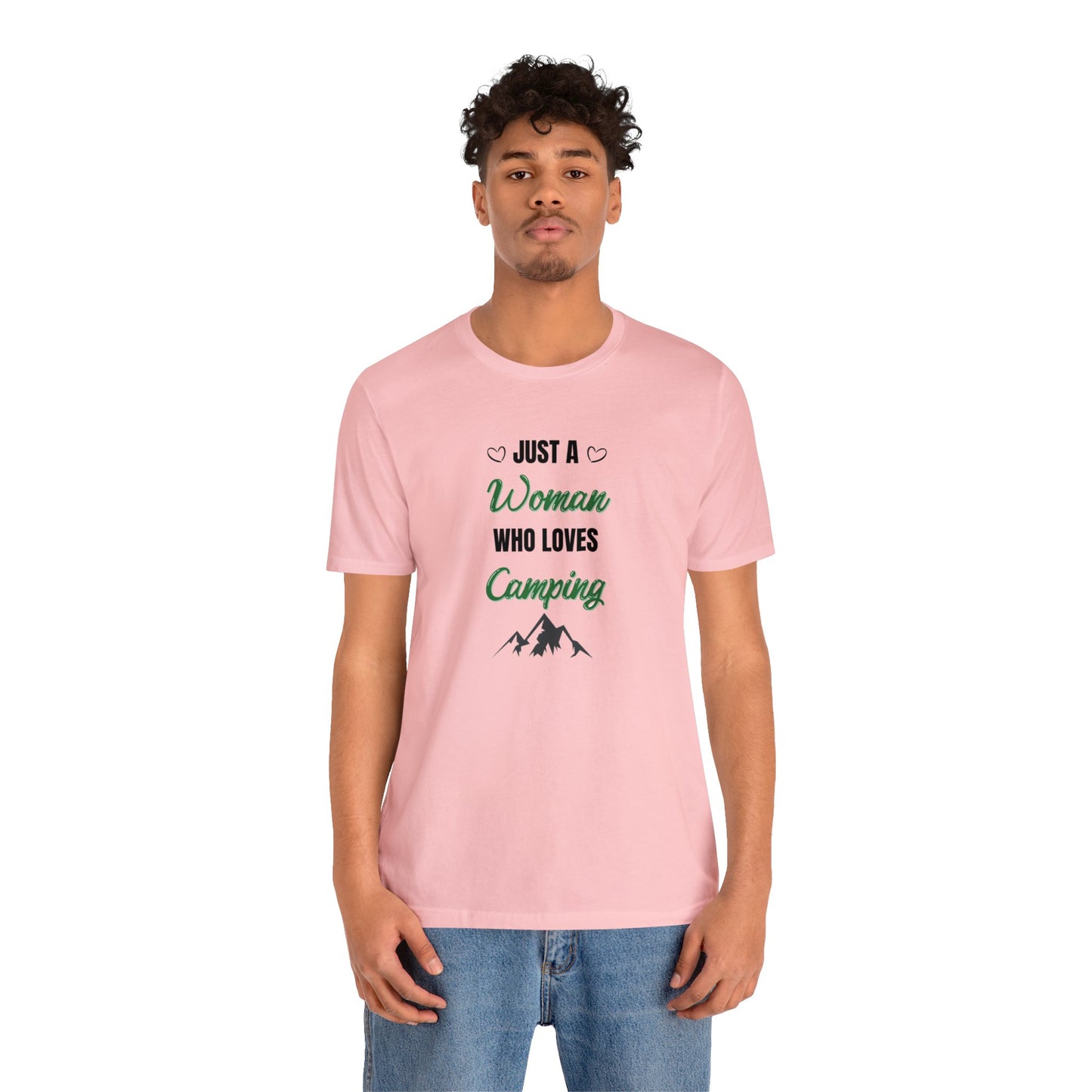 Just a Woman Who Loves Camping Unisex Jersey Short Sleeve Tee
