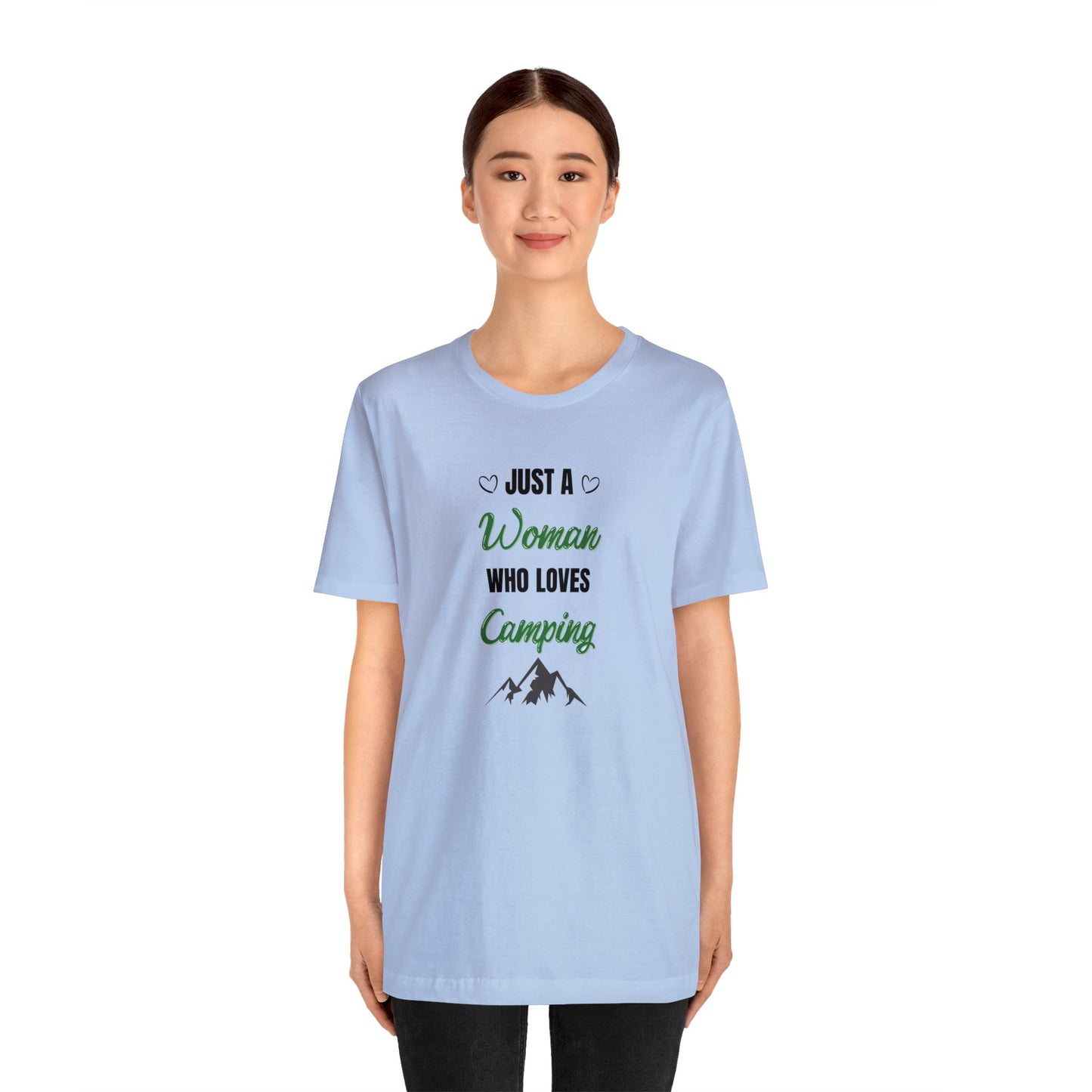 Just a Woman Who Loves Camping Unisex Jersey Short Sleeve Tee