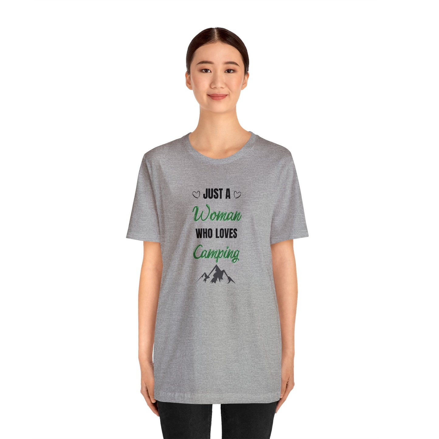 Just a Woman Who Loves Camping Unisex Jersey Short Sleeve Tee