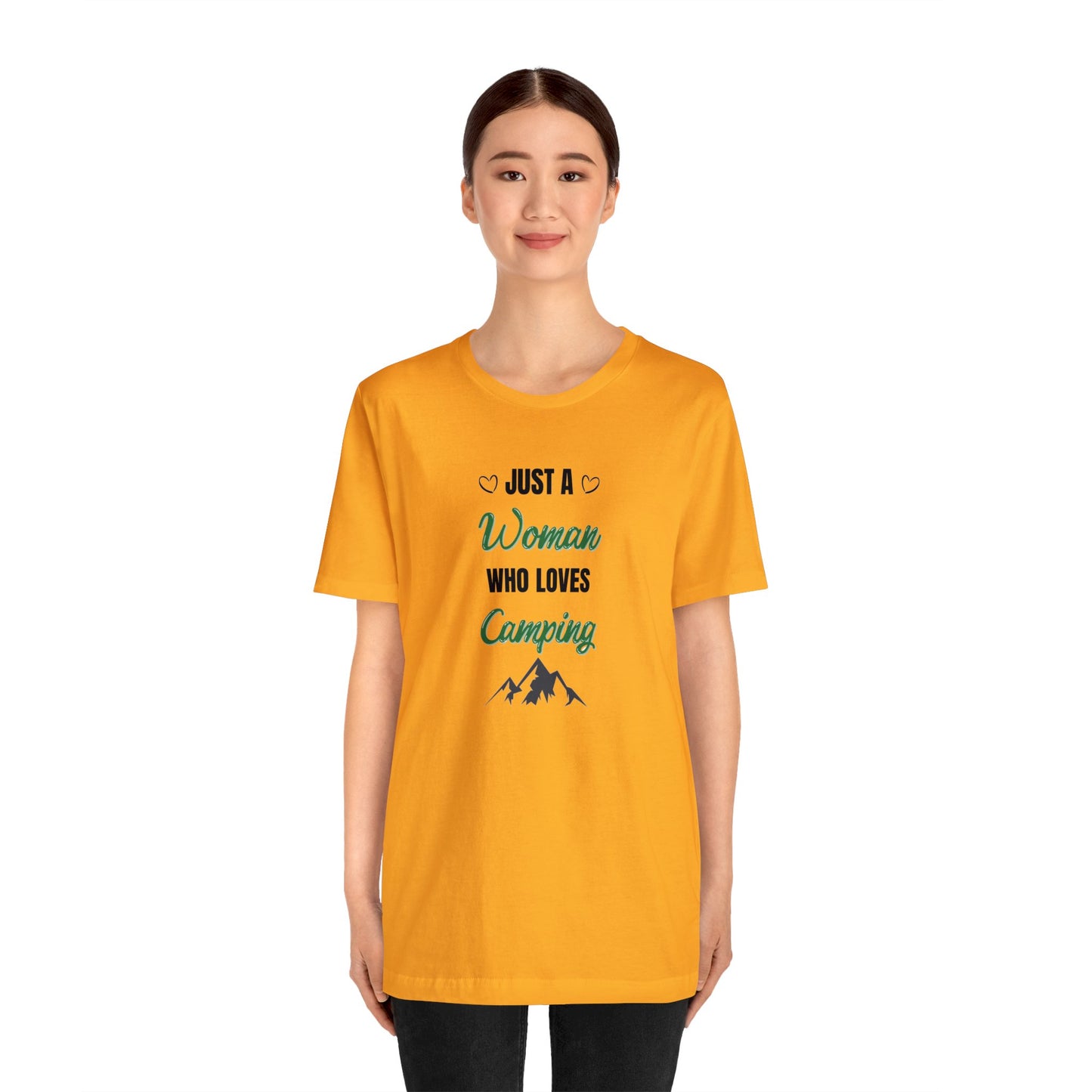 Just a Woman Who Loves Camping Unisex Jersey Short Sleeve Tee